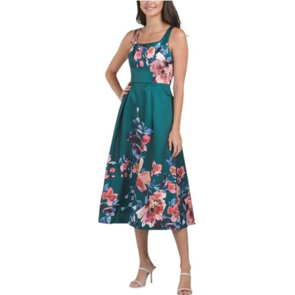 JULIA JORDAN Square Neck Mikado Midi Dress - Green Multi - Picture 1 of 2
